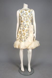 LACE and METALLIC COCKTAIL DRESS with FEATHER TRIM, 1960s.