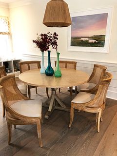 Contemporary Round Oak Pedestal Dining Table and Six Chairs