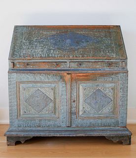 Scandinavian Oak Slant Front Desk in Blue Paint, 19th Century