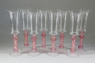 Eight Venetian Hand Blown Glass Champagne Flutes, 20th Century
