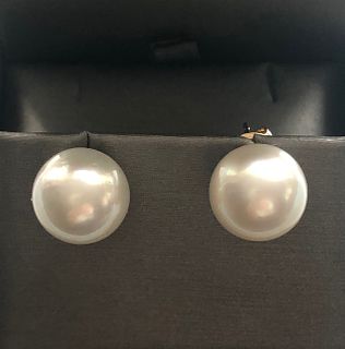 Fine Pair of 12.2mm White South Sea Pearls Earrings, 14k Gold