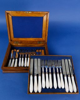 George Angell Boxed Set of 12 Sterling Silver and Mother of Pearl Knives and Forks, circa 1861