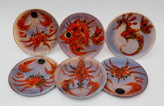 Set of Six Vence Enamel Painted Sea Creature Plates