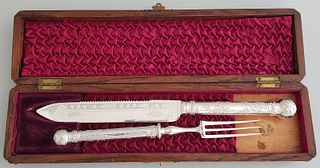 English Engraved Silver Plated Boxed Carving Set, 19th Century