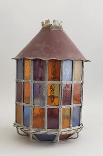 Antique Arts and Crafts Copper and Leaded Glass Hanging Lantern