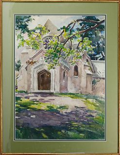 William Lester Stevens Watercolor "View of a Western Massachusetts Church"