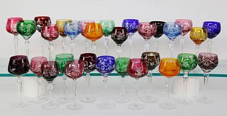 Assorted 30 Bohemian Czech Overlay Cut Crystal Wine Goblets, 20th Century