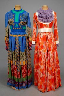 TWO RONALD AMEY PRINTED KNIT and CHIFFON MAXI DRESSES, 1970s.