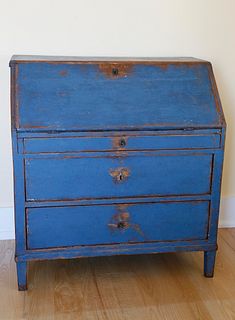 Scandinavian Blue Painted Slant Front Oak Desk, 19th Century
