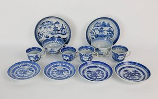 Six Assembled Canton Blue and White Cups and Saucers, mid 19th century