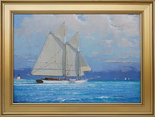 William Lowe Oil on Canvas "Nantucket Schooner Passing Brant Point Lighthouse"