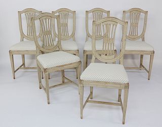 Set of Six Swedish Louis XVI Style Lime Washed Dining Chairs, mid 19th Century