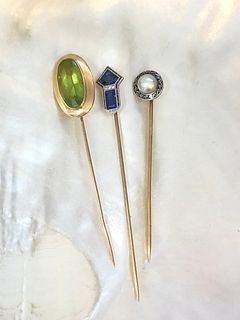 3 Antique Precious Stone Hat Pins, Peridot, Sapphire and Diamond, Pearl