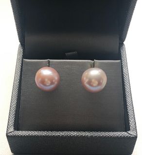 Pair of 11.5mm Pink Fresh Water Pearl Earrings, 14k Gold