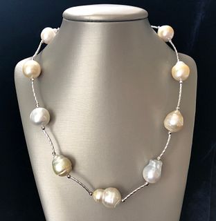 15mm-15.5mm White and Gold South Sea Baroque Pearl Tin Cup Necklace