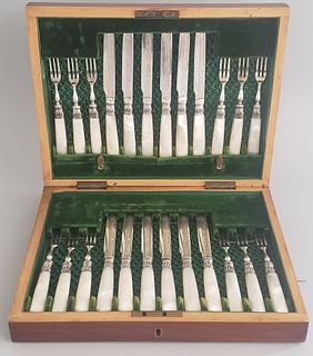 English Mother of Pearl and Silver Plated Knife and Fork Set, 19th Century
