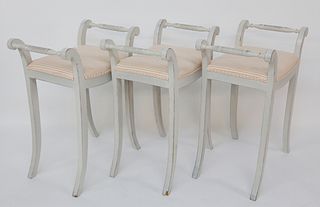 Three Scandinavian Vintage Lime Washed Upholstered High Stools