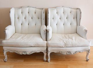 Pair of Continental Upholstered Tufted Bergeres