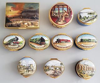 Collection of 10 Halcyon Days and Crummles Enameled Railroad Anniversary Boxes