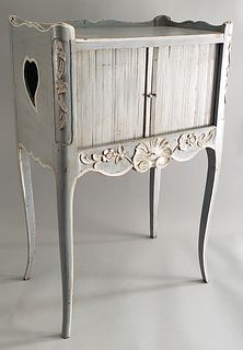 French Lime Washed Decorated Tambour Side Table