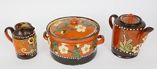 German Decorated Ceramic Covered Teapot, Creamer and Tureen, circa 1900