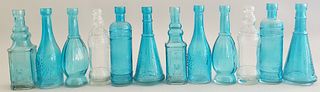 Collection of 12 Antique Bottles, Blue and Clear Glass
