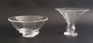 Signed Steuben Clear Crystal Bowl and Trumpet Vase