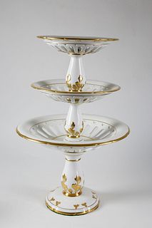Portuguese Gilt Decorated Three-Tier Porcelain Pastry Tazza, 20th Century