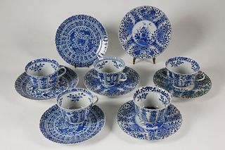 Five Chinese Blue and White Porcelain Teacups, Saucers and Two Plates