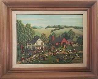 E. Melvin Bolstad Oil on Artist's Board Folk Art Painting, "Farm Home Auction"