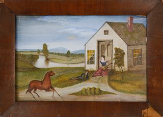 Folk Art Landscape Mixed Media on Paper, "Horse Serenade"
