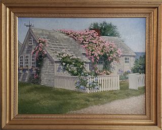 Victoria Cromartie Harvey Oil on Canvas, "Sconset Cottage", Nantucket