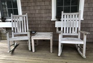 Pair of Outdoor Teak Wood Rocking Chairs and Cocktail Table