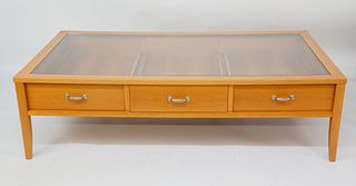 Contemporary Three Drawer Glass Top Display Cocktail Table