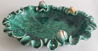Chinese Green Glazed Ceramic Frog and Lily Pad Dish