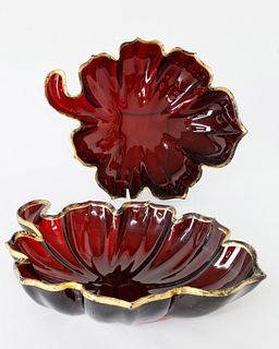 Pair of Continental Ruby and Gilt Glass Deep Leaf Dishes, 19th century