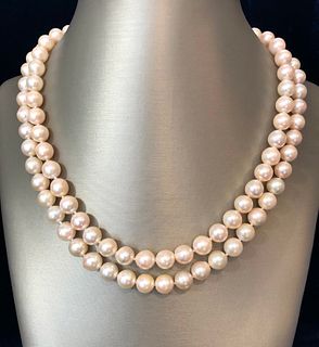 White Fresh Water Pearl Double Strand Necklace, 14k Yellow Gold Clasp
