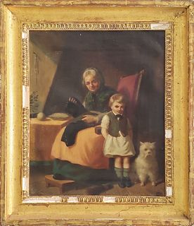 19th Century Oil on Canvas Dutch Interior Scene "Mending the Pants"