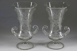 Pair of Etched Glass Flower Vases, late 19th Century