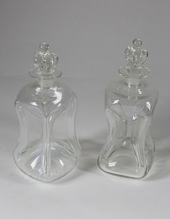 Pair of Pinched Waist Free-form Clear Glass Decanters, 19th Century
