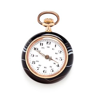 PINK GOLD AND AGATE OPEN FACE POCKET WATCH