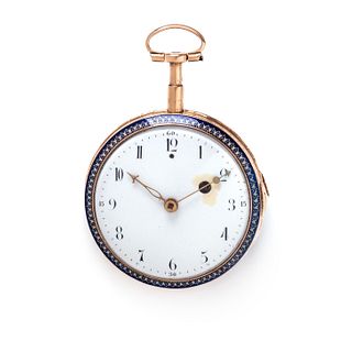 GILT-METAL AND ENAMEL QUARTER REPEATER OPEN FACE POCKET WATCH