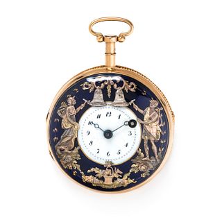 18K YELLOW GOLD AND ENAMEL AUTOMATON QUARTER REPEATER OPEN FACE POCKET WATCH