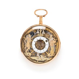 18K YELLOW GOLD AUTOMATON QUARTER REPEATER OPEN FACE POCKET WATCH