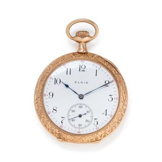 ELGIN, 14K YELLOW GOLD OPEN FACE POCKET WATCH WITH GOLD-FILLED FOB CHAIN