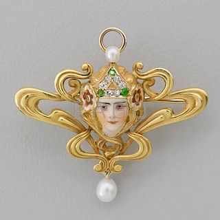 ART NOUVEAU ENAMELED AND JEWELED GOLD BROOCH
