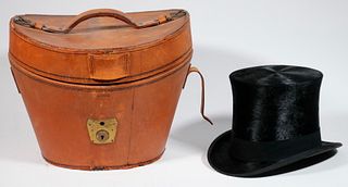 VICTORIAN LEATHER TOP HAT CASE WITH HAT