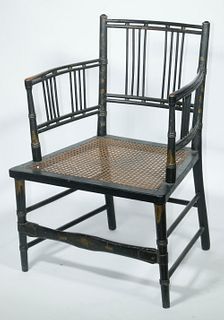 PERIOD SHERATON BLACK PAINTED ARM CHAIR