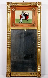 19TH C. WALL MIRRROR WITH REVERSE GLASS PAINTED TOP