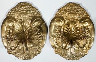 PR OF 19TH C. DUTCH STYLE REPOUSSED BRASS WALL CANDLE SCONCES